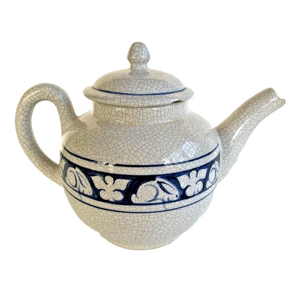 DEDHAM POTTERY The Potting Shed Rabbit Teapot Hand Painted Blue USA Vintage - Picture 1 of 7